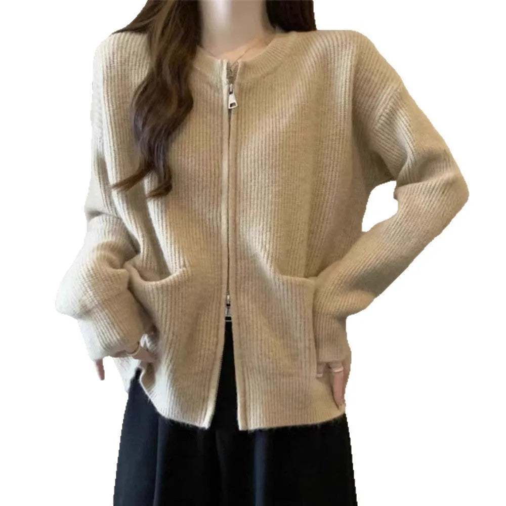 Soft wind glutinous sweater coat cardigan in viscose fabric available in beige, grey, black, and khaki colours