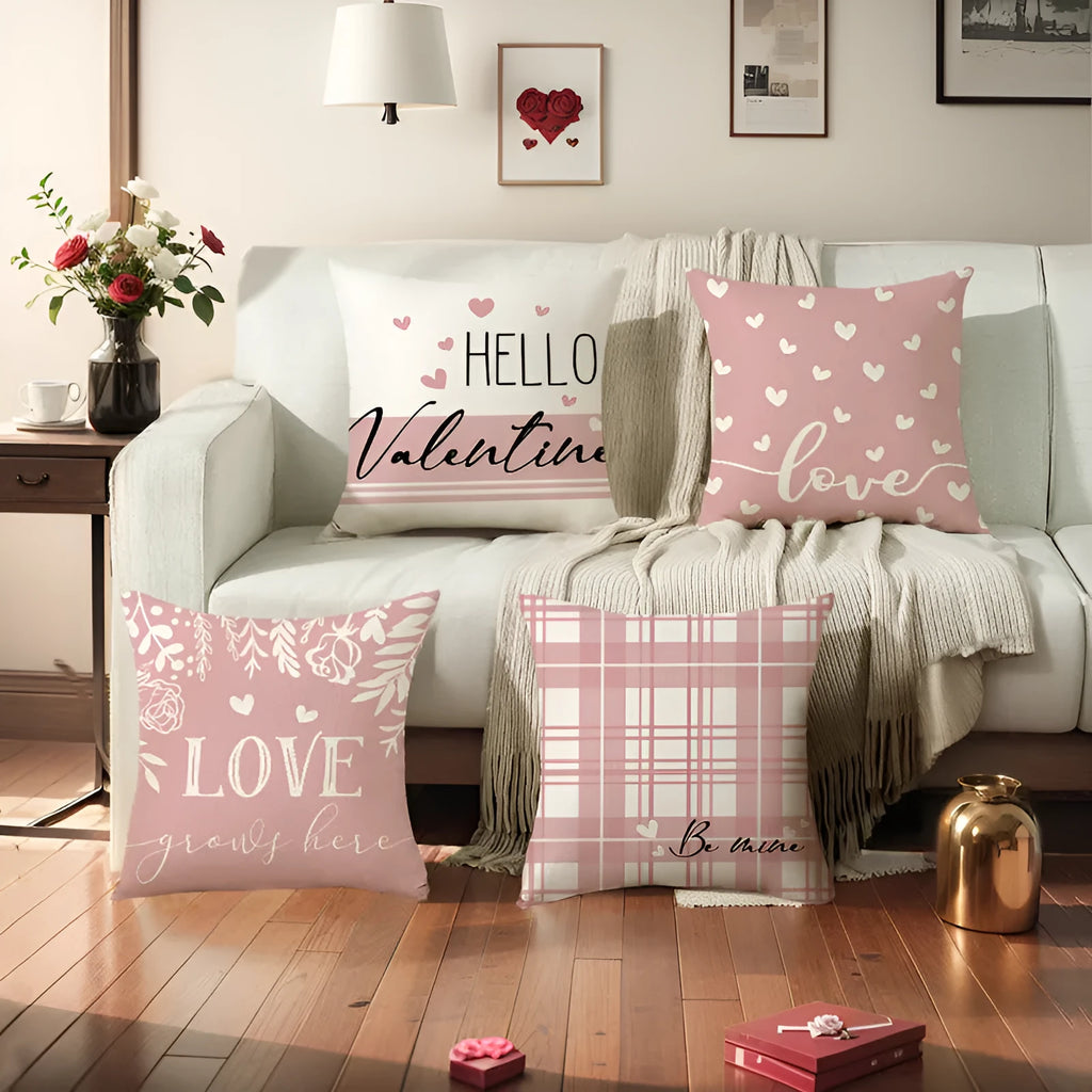 Valentine's Day decorative pillow cover with plaid and heart printing, 45cm square.