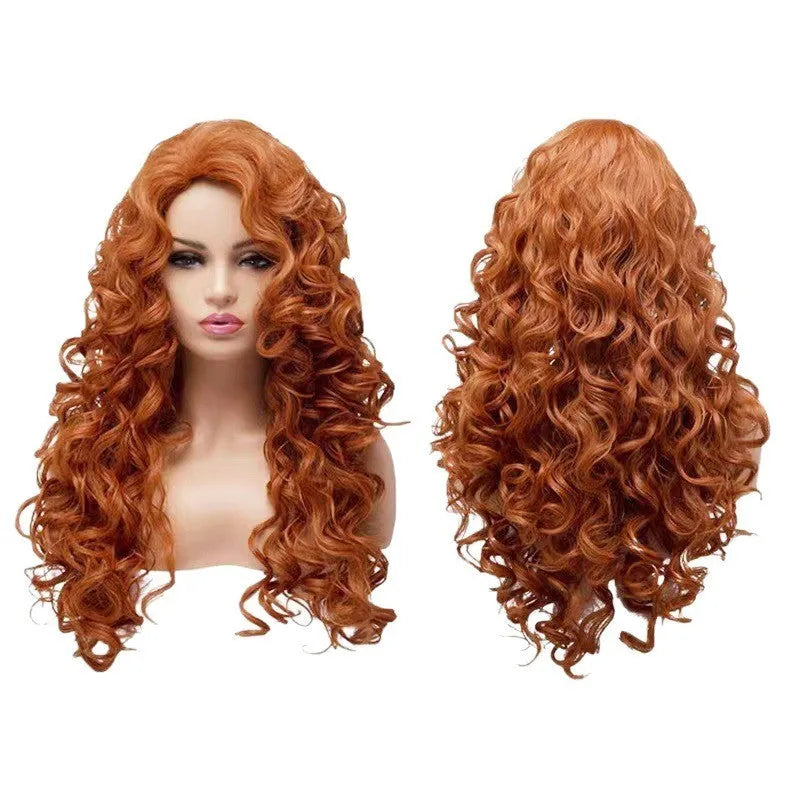 Brown long wavy curly cosplay wig with fluffy texture on a wig head.
