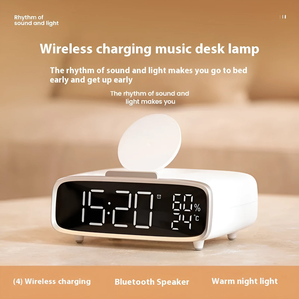 White wireless charging Bluetooth speaker alarm clock with night light on bedside table