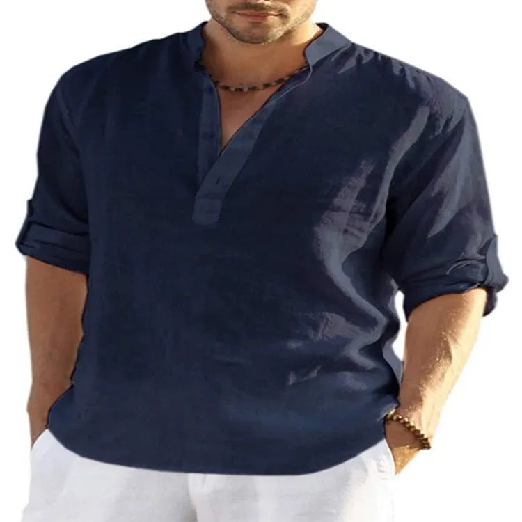 Men's solid colour long sleeve casual shirt with a stand collar, shown in a light blue shade.