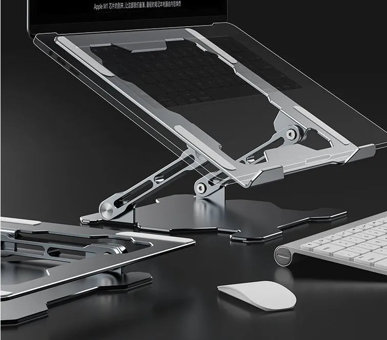 Adjustable aluminium laptop stand in grey or white, showing folding mechanism and silicone protection pads
