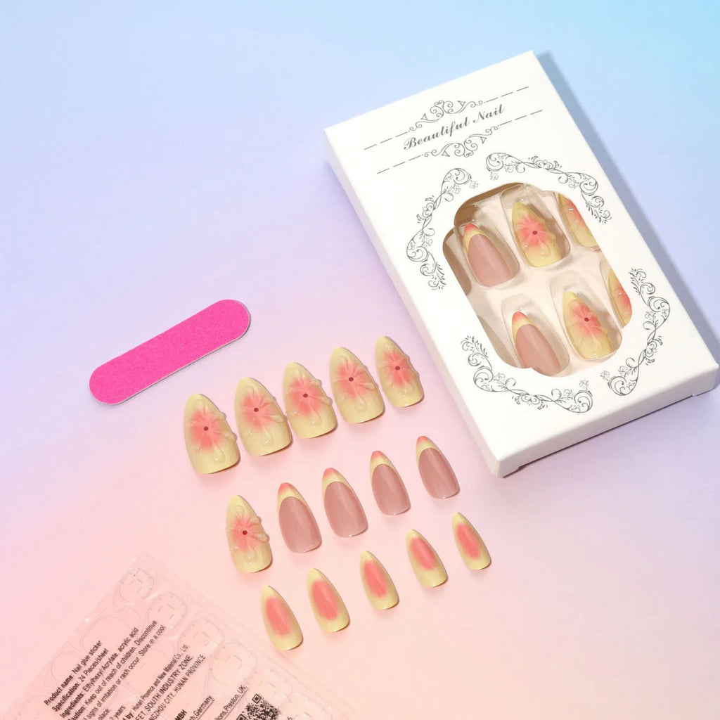 Cartoon style 3D flower pattern false nails set with plastic armour pieces, jelly glue, and filing strip