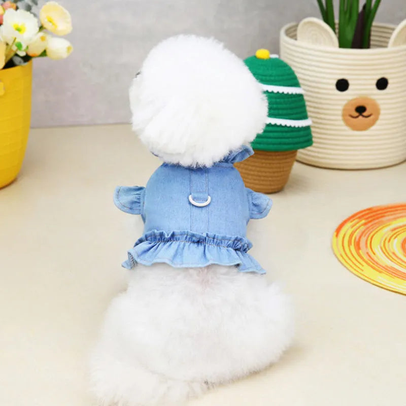 Blue denim pet dress with ruffles vest styling and back leash hook for dogs and cats