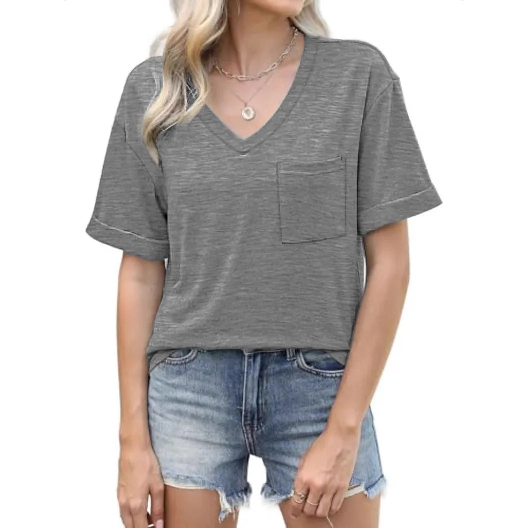 Grey loose fit V-neck t-shirt with chest pocket in casual polyester fabric