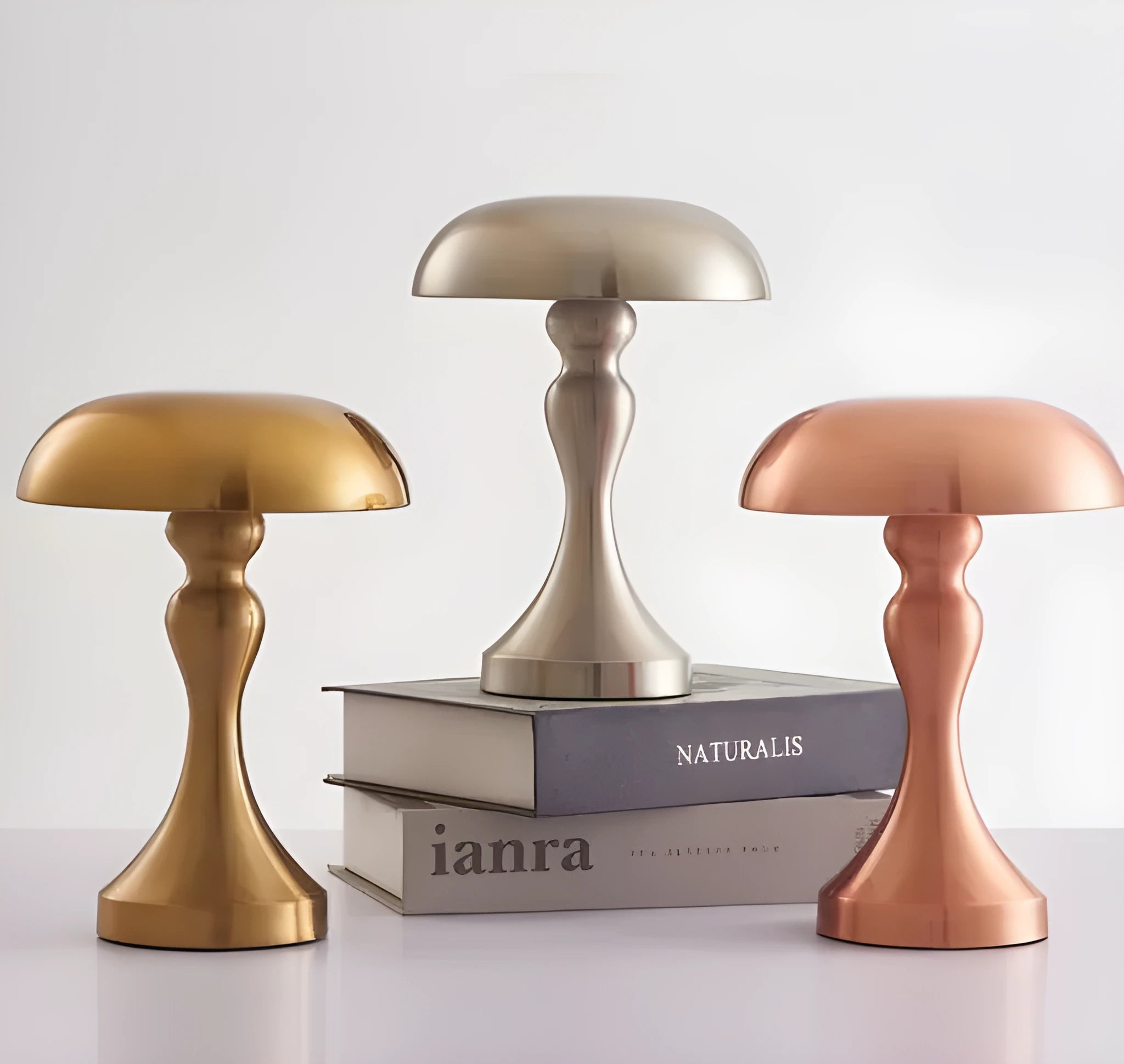 Bronze metal USB rechargeable desk lamp with touch control and three colour light settings.