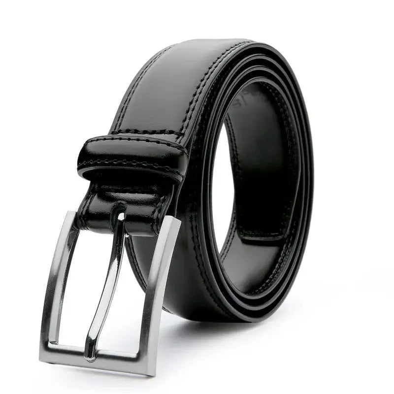 Men's genuine leather casual belt with an alloy buckle shown in 95 grain brown, displayed with length options.