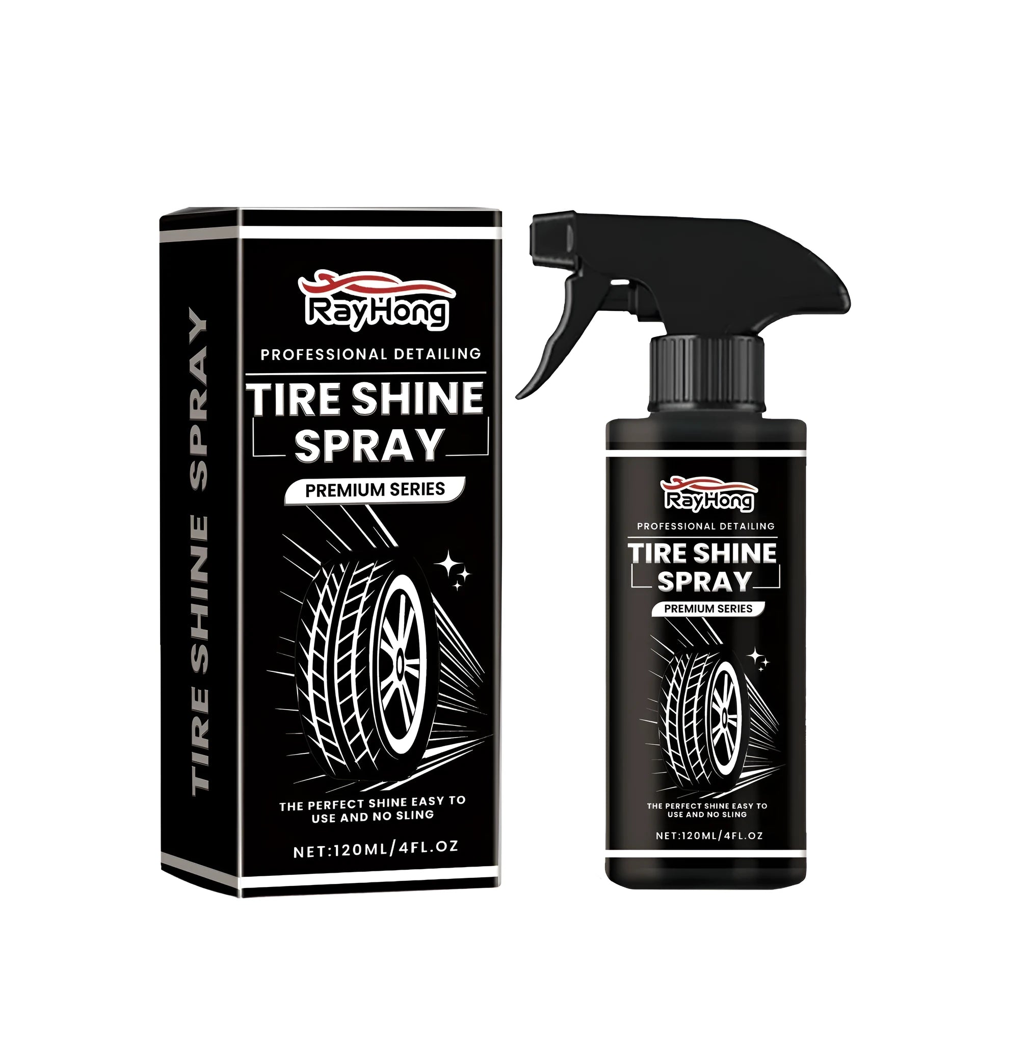 Tire shine spray 120ml bottle with carnauba wax, size 4.5x17.5cm, on a black tyre