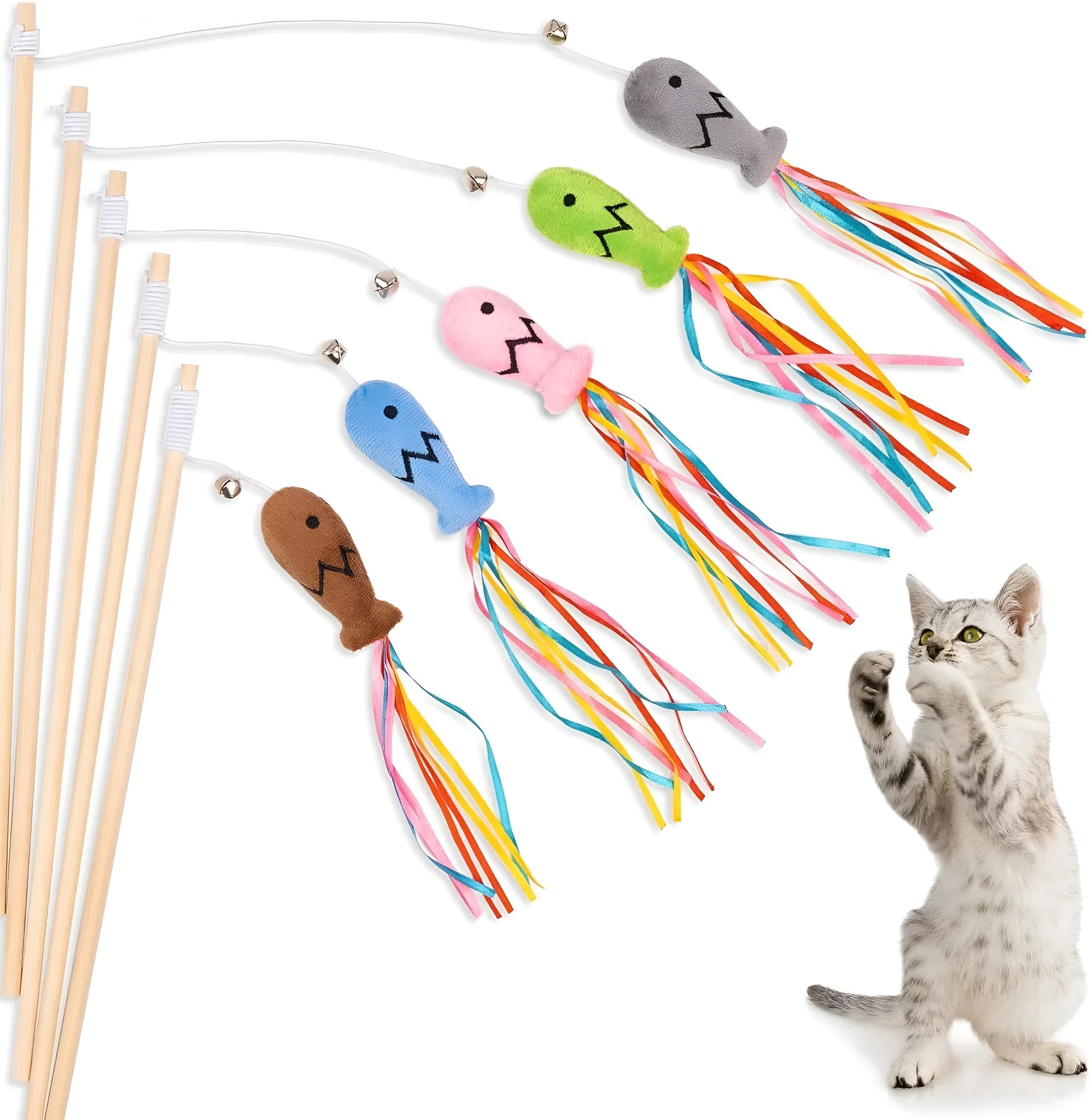 Cat wand toy with wooden handle, colourful ribbons, catnip fish, and bell attachment
