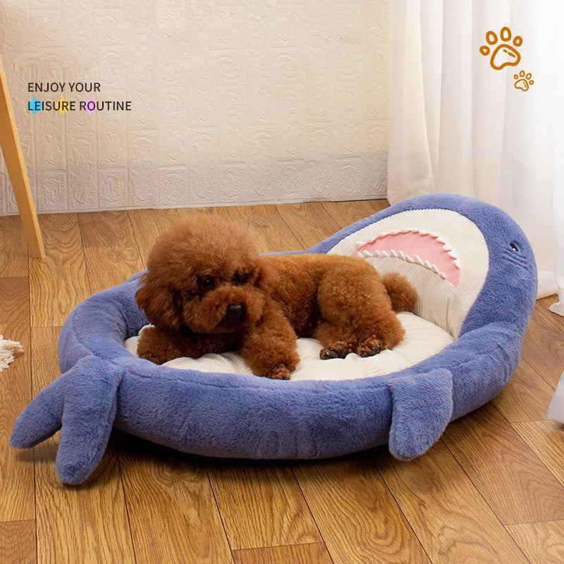 Blue shark pattern velvet pet bed cushion with non-slip bottom for small to medium dogs