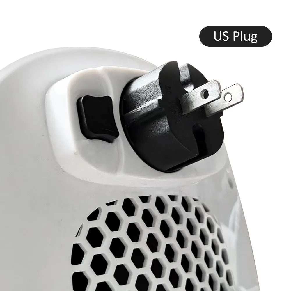 White ceramic heating electric hot air blower heater with remote control on a table.