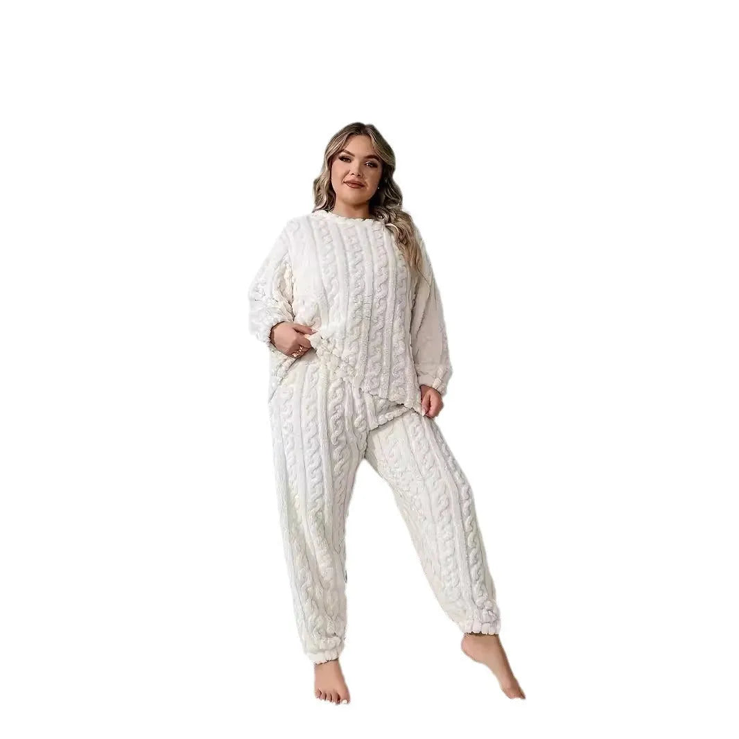 Women's creamy white plush crew neck two-piece lounge set with long sleeves and full-length trousers.