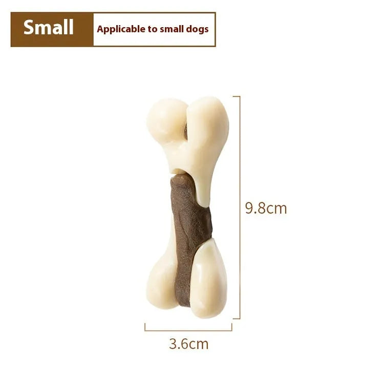 Bone-shaped dog chew toy in edible nylon and rawhide materials, available in small and large sizes