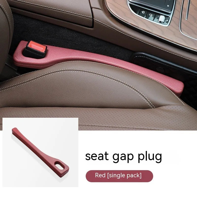 Flexible polyurethane car seat gap filler strips in black, brown, red, and beige colours with installation rod.