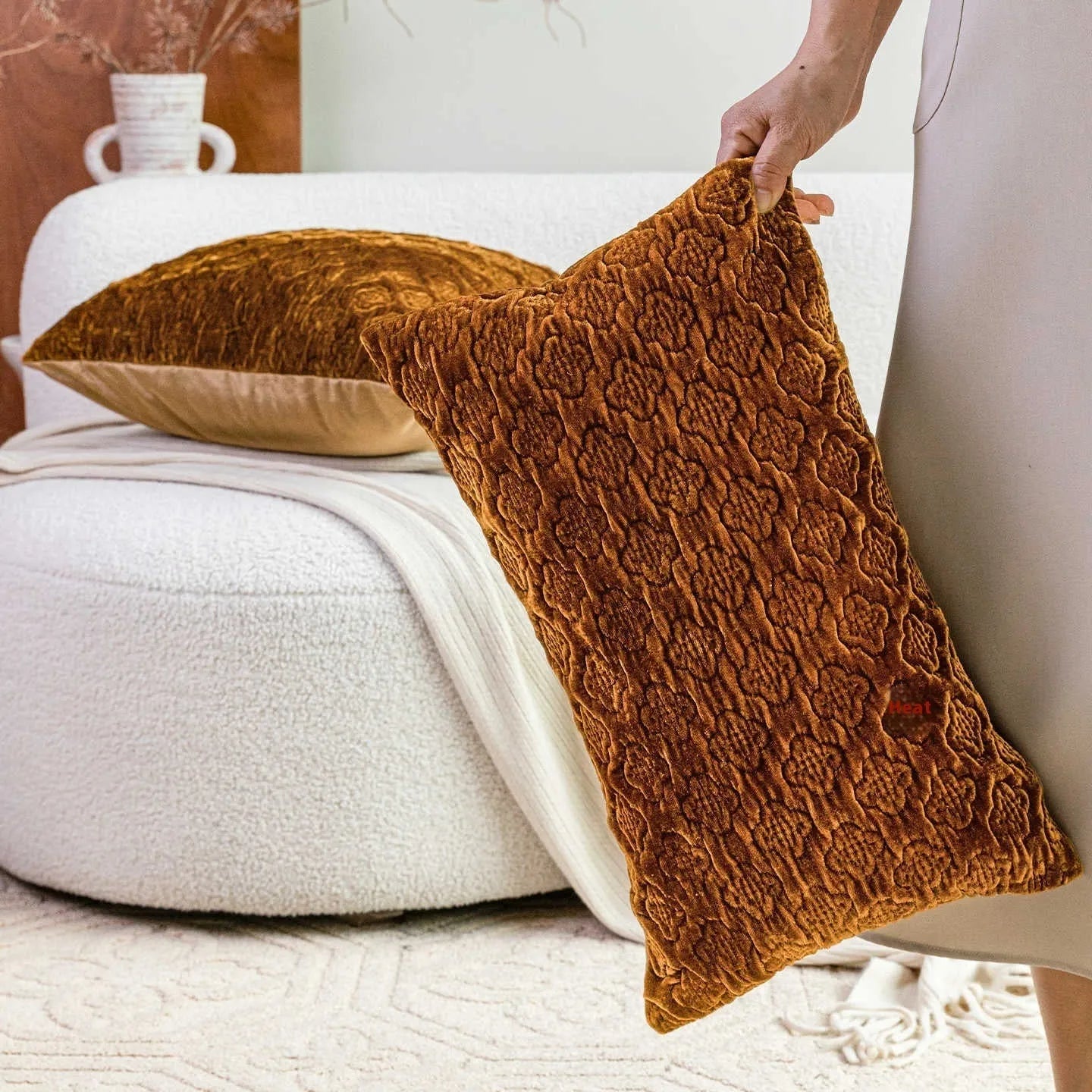 Brown gold antique style three-dimensional quilted cushion pillow with plum pattern in square and waist sizes