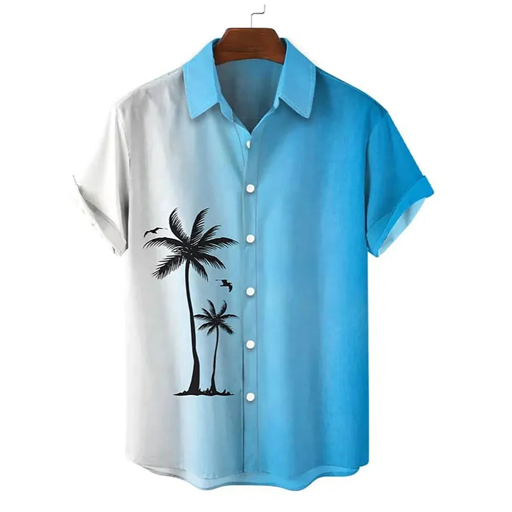 Man wearing a blue and white 3D printed Hawaiian pattern short sleeve cardigan shirt.