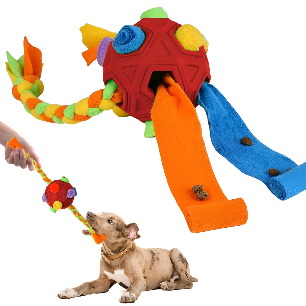 Blue pet sniffing ball dog puzzle toy for IQ training with treat compartment.