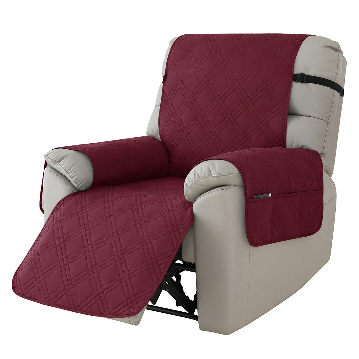 Quilted waterproof sofa cover in burgundy on a single seat massage chair