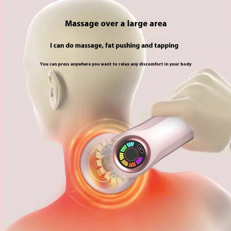 A pink, white and black handheld USB electric massager for neck, back and leg muscles.