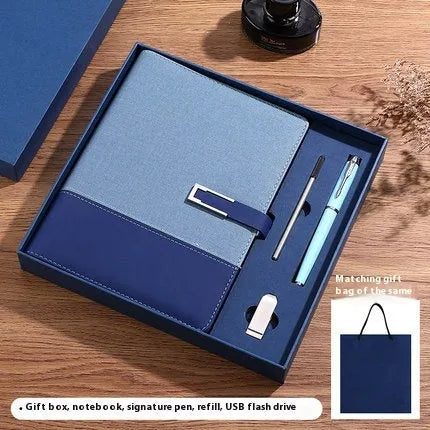 A5 business notebook with PU leather cover in brown, black, green, blue, or red, alongside a luxury gift box.