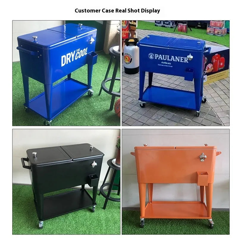 Red outdoor metal insulated cart with ice bucket functionality and 750ml capacity