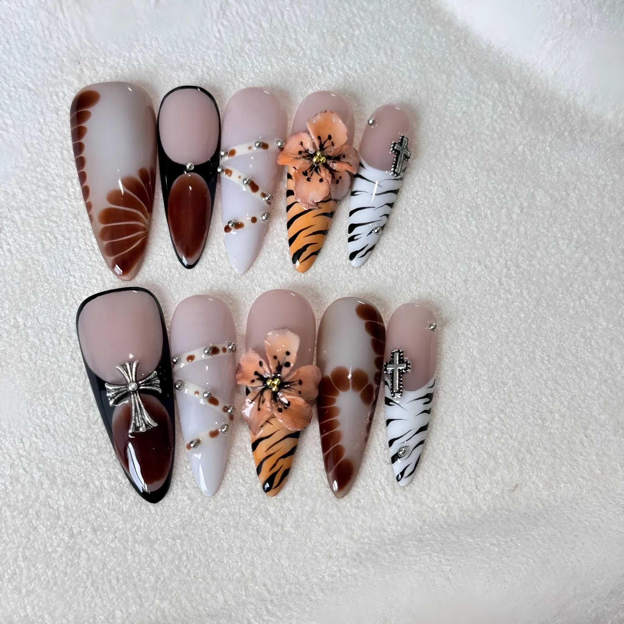 Handmade French style leopard print artificial nail sticker set with cross and flower designs
