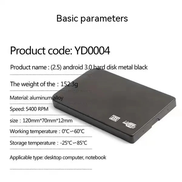 USB 3.0 external solid state drive with metal case in black, blue, red, or silver.