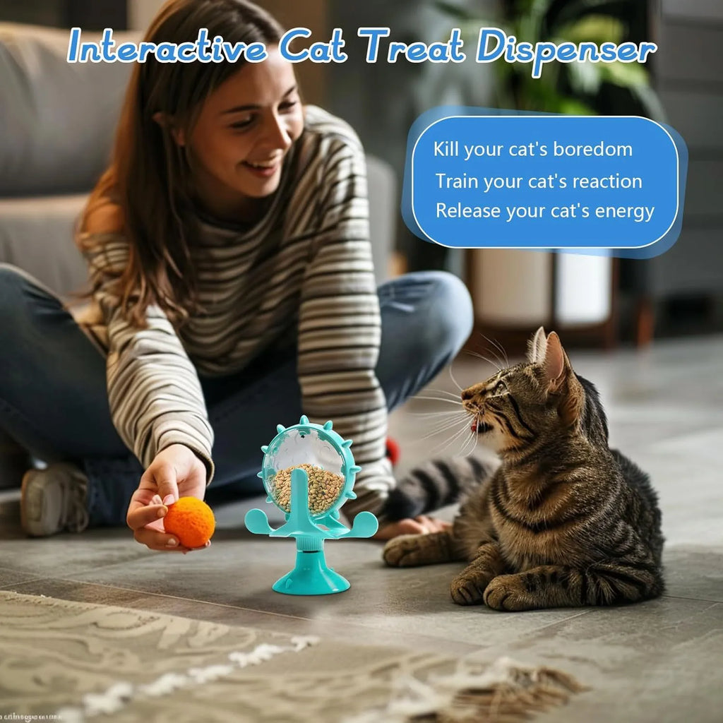 Interactive rotating pet slow feeder toy with sucker base in blue, green, red or yellow colour