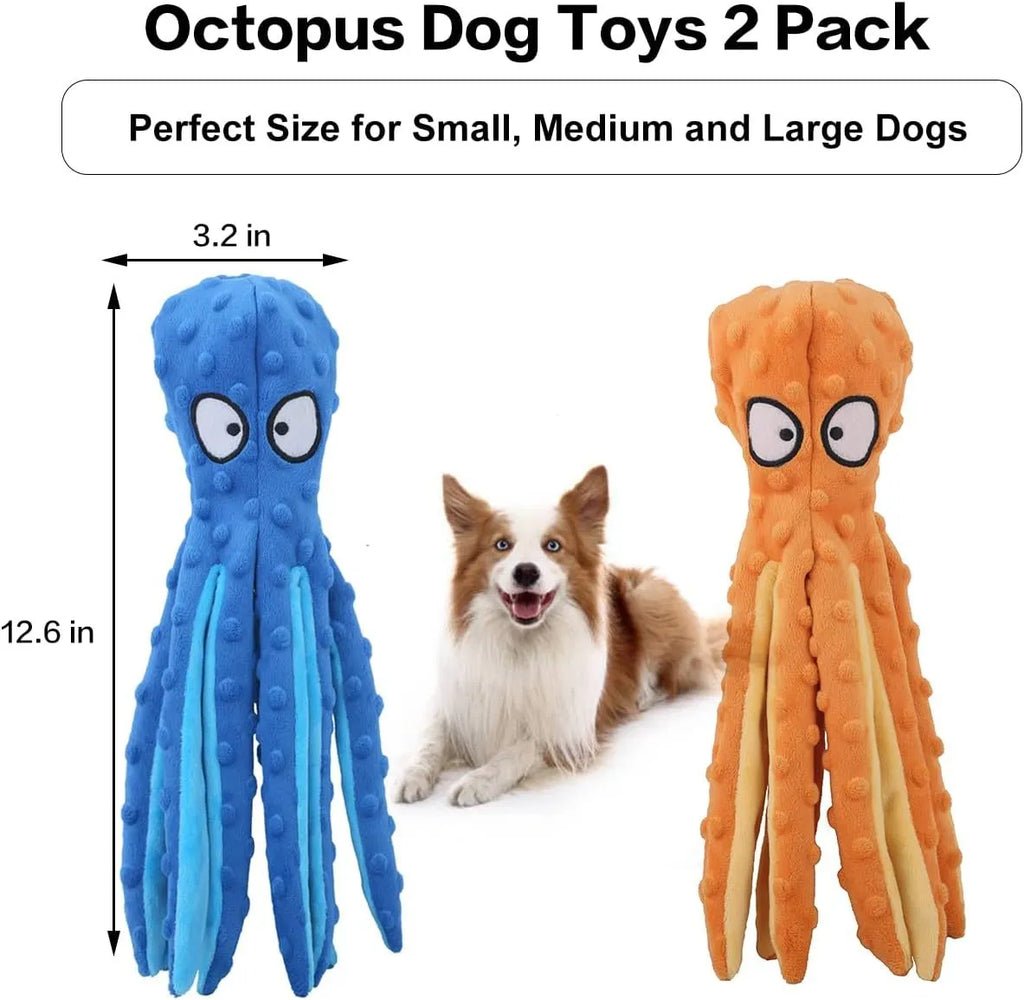 Blue octopus-shaped dog toy with crinkle sound features measuring 32cm long
