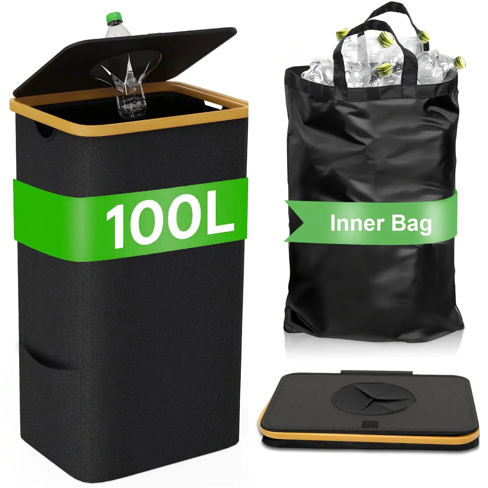 Black bamboo storage basket with lid and removable double inner Oxford cloth bag for laundry