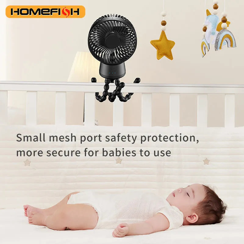 HOMEFISH F2 automatic shake head baby stroller fan with LED light on a detachable bracket