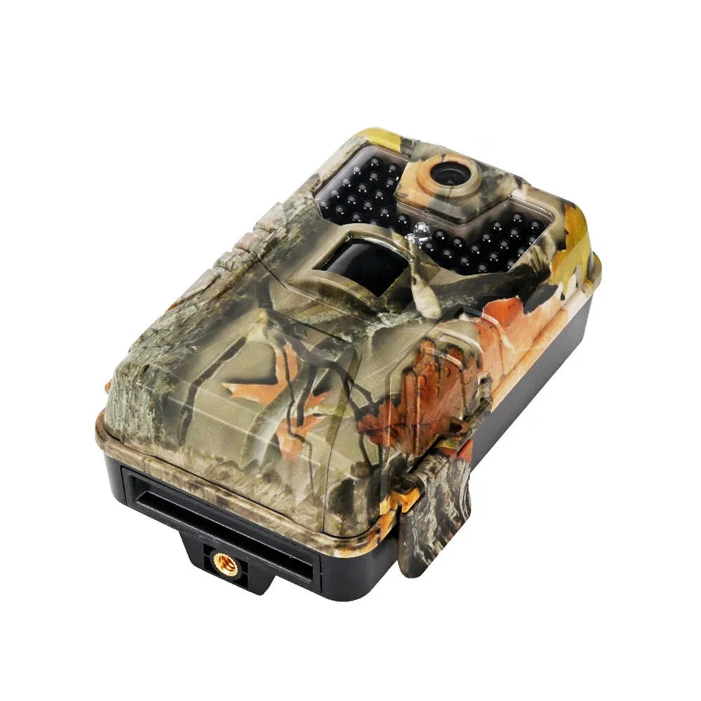 Outdoor camouflaged Bluetooth trail camera with infrared LEDs for night vision and mobile app connectivity.