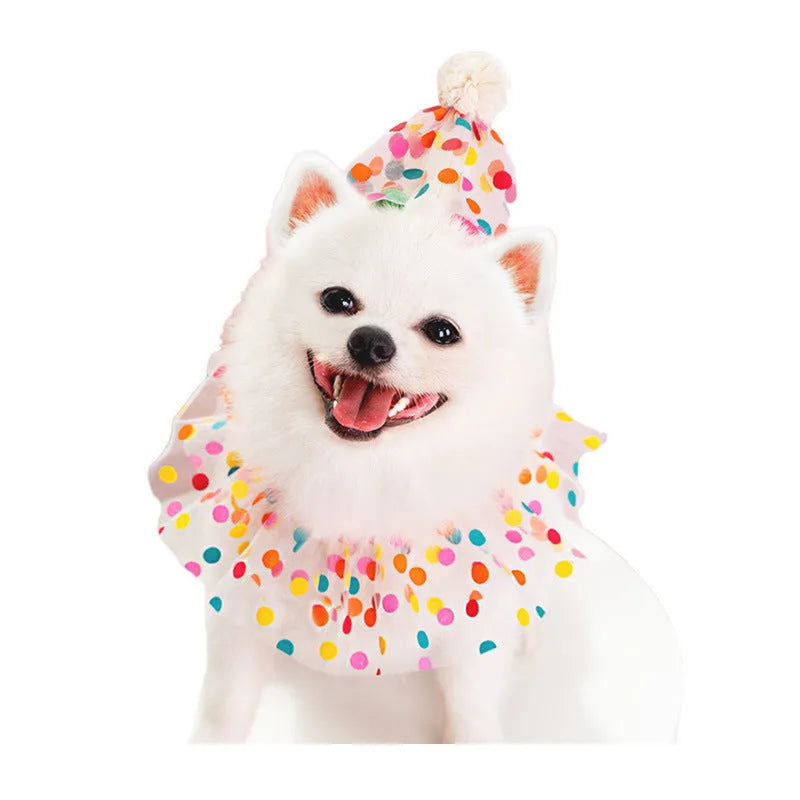 Polka dot lace bib dog birthday suit with hat and saliva towel in colourful dots