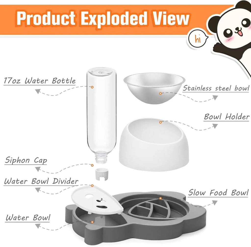 Grey panda-shaped tilted pet bowl set with stainless steel dish and automatic water bottle