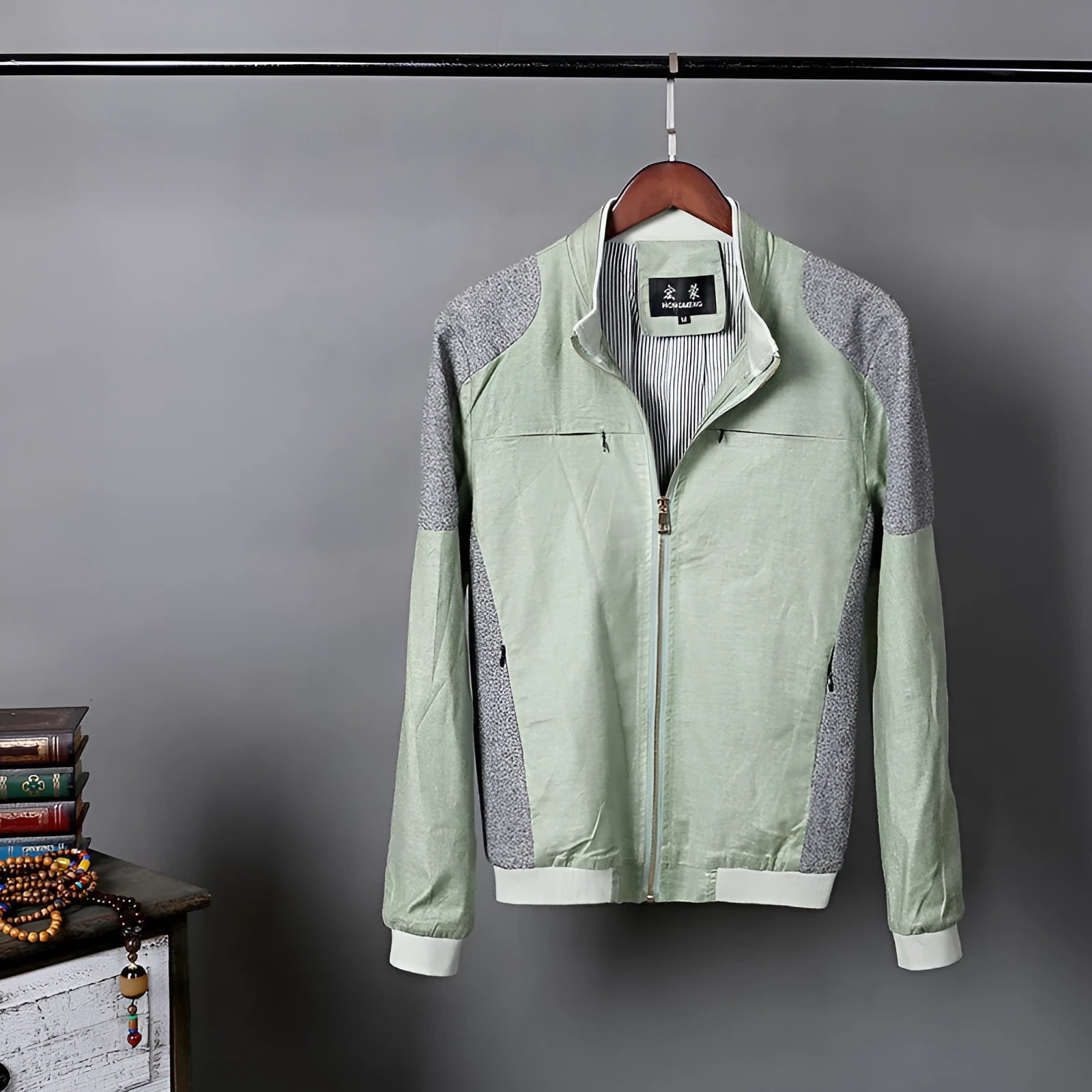 Men's lightweight cotton linen jacket in heather grey, shown on a hanger.