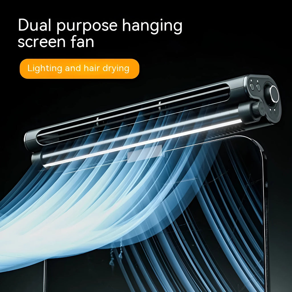 Black USB bladeless fan with clip-on laptop mount and integrated LED lighting