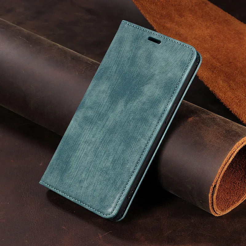 Genuine leather magnetic flip phone case for iPhone showing closed position with magnetic closure