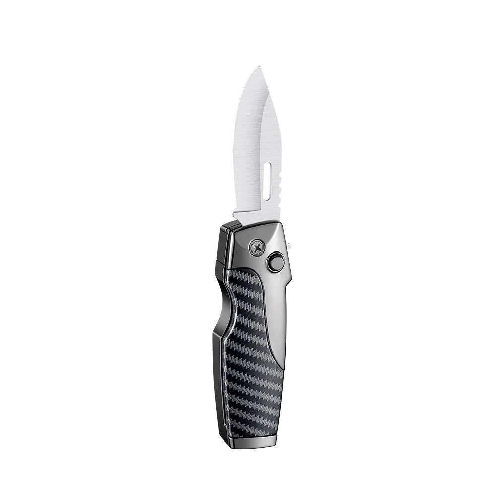 Zinc alloy metal folding lighter tool with a knife, shown in various colour and texture finishes.
