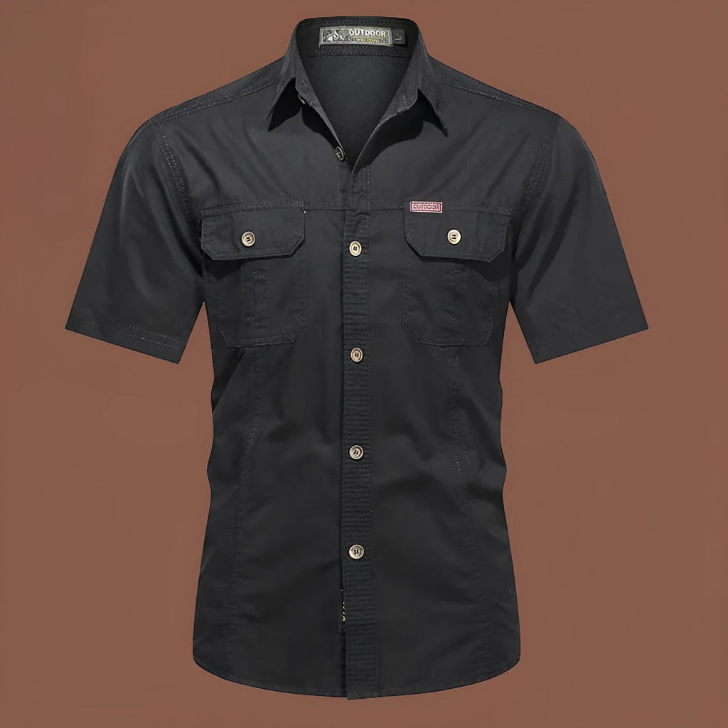 Men's army green cotton short sleeve work shirt with a loose fit and non-iron finish.