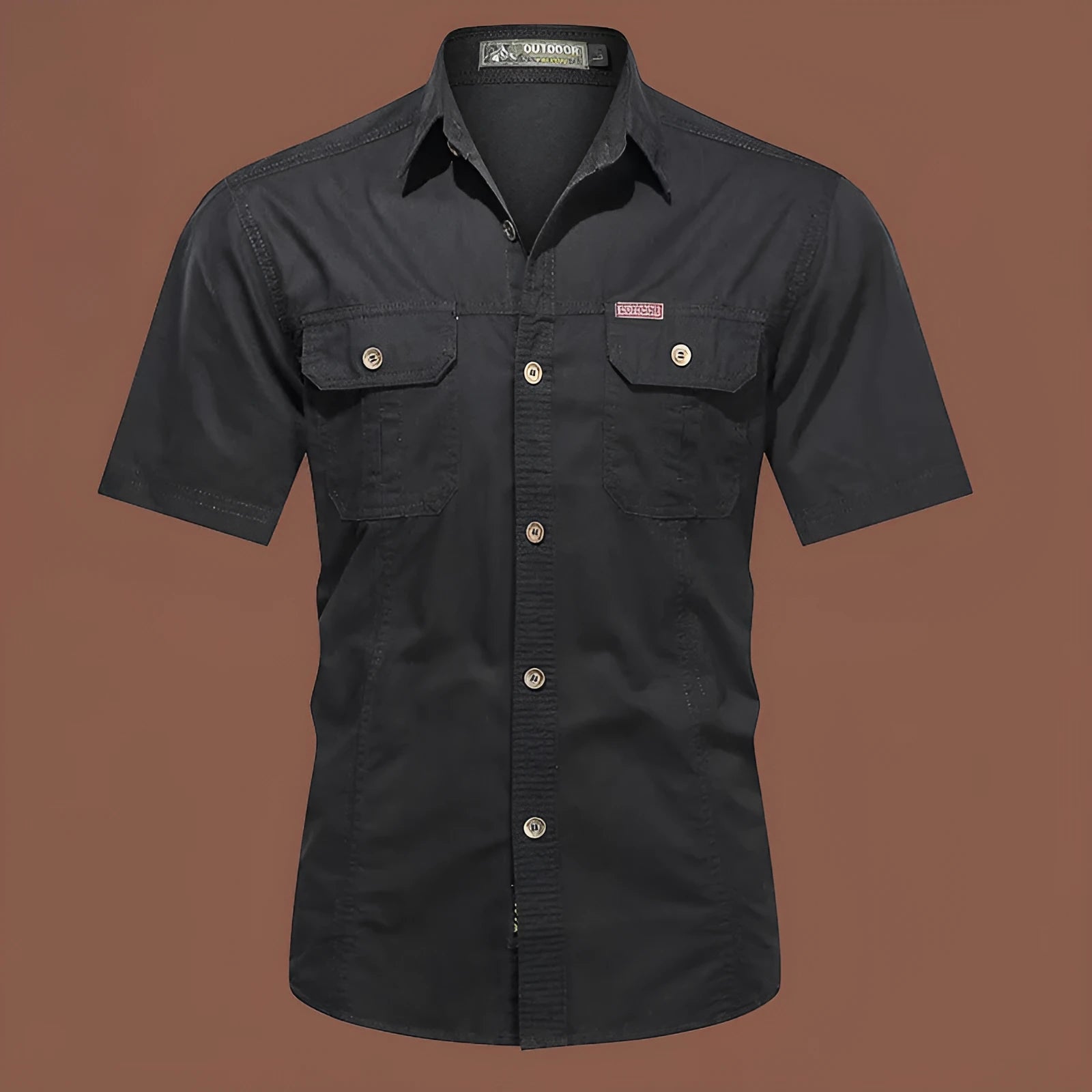Men's army green cotton short sleeve work shirt with a loose fit and non-iron finish.