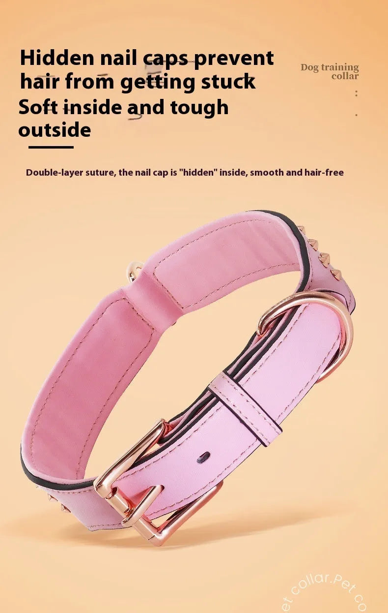 Leather dog collar with brass rivets in black, chocolate, or pink colour options for medium and large dogs.