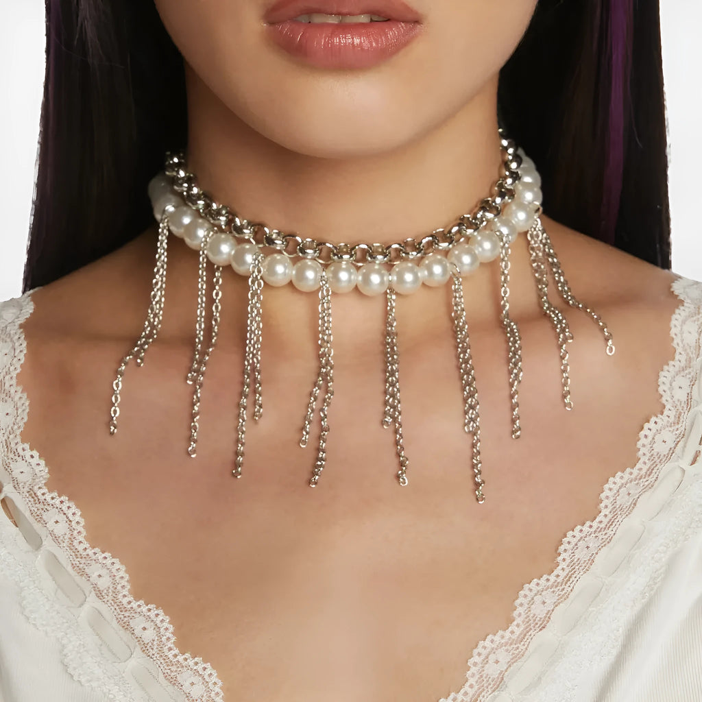 Double-layer imitation pearl tassel necklace with iron pendant and ball bead chain in white K colour
