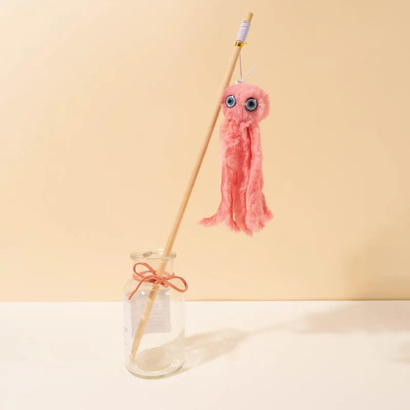 Octopus-shaped cat toy with long 40cm stick, feathers, and safety eyes in bright colours