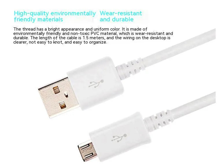 Black and white Android micro USB data and charging cable, 1 metre long with PVC insulation.