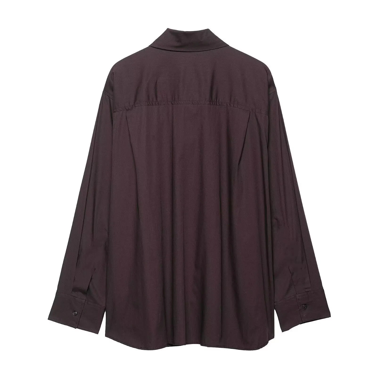 Brown women's poplin shirt with scarf detail and bow tie in cardigan style