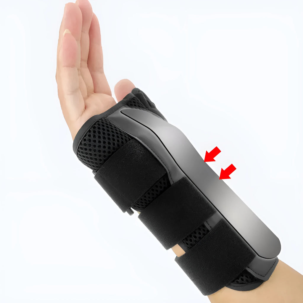 Black carbon fibre sports wrist guard with thumb strap and grey edging for left or right hand wear