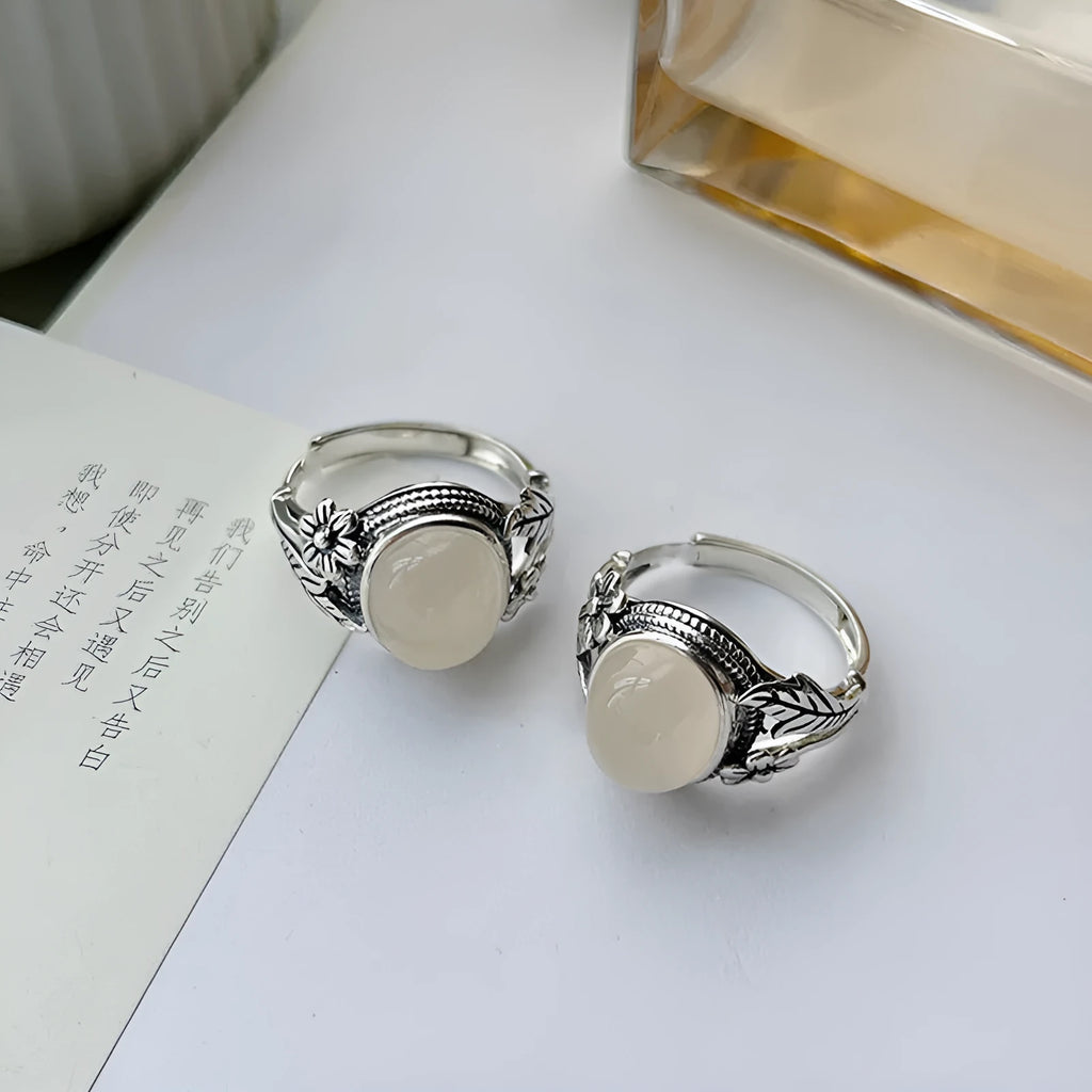 Adjustable copper vintage ring with white chalcedony stone and U-shaped antique design