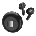 White Budz5 Bluetooth wireless semi-in-ear headset with its matching charging compartment.