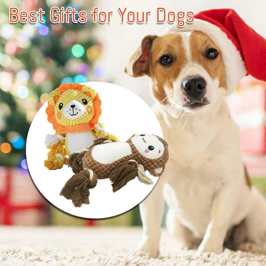 Plush squeaky dog toy assortment showing Lion and Monkey designs with stuffing-free construction