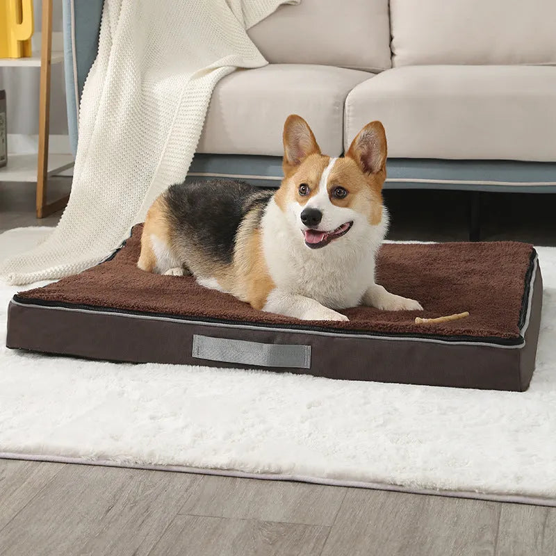 Removable cover memory foam dog mat in brown, shown in a 100x75cm size.